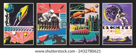 Space Poster Set. Spacecraft, Astronauts in Outer Space, Planet Panorama. 3D Effect Abstract Dimensions, Geometric Objects