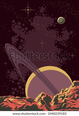 Alien Planet Panorama, Extraterrestrial Landscape, Unknown World, Mountains, Saturn, Outer Space Illustration