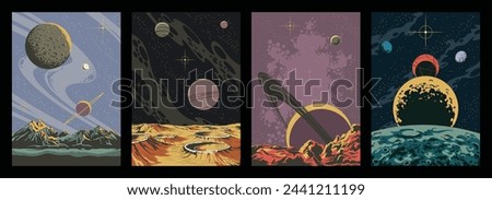 Extraterrestrial Landscapes, Planets, Asteroid, Moon, Craters Space Illustration Set