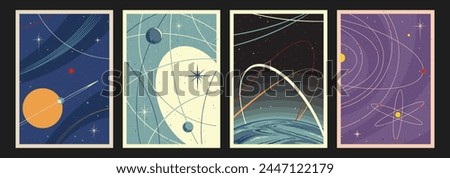 Retro Future Space Posters Template Set. Planets, Stars, Orbits, Atom. Miid Century Modern Style Graphic and Colors 