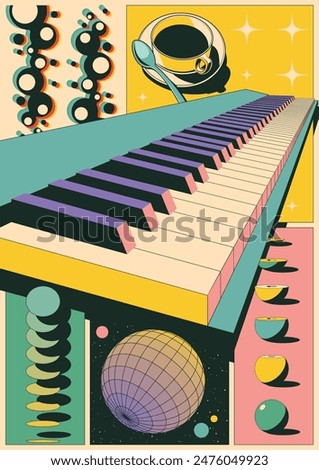 Piano Keyboard, Electric Keyboard, Tea Cup, 3D Effect Abstract Poster, Vector Elemetnts, Geometric Shapes and Original Colors Combination