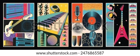 Musical Instruments, Vinyl, Microphones, Stereo Systems, Cosmic Objects, Geometric Shapes. Abstract Musical Posters, Original Color Combinations