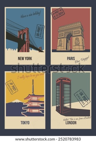 Most Famous Landmarks and Attractions. Brooklyn Bridge in New York, Triumphal Arch in Paris, Pagoda and Mount Fuji in Tokyo, Red Telephone Booth in London