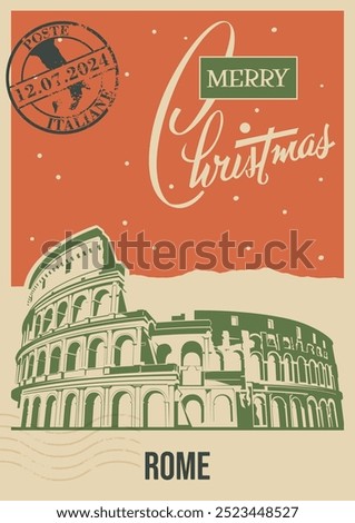 Merry Christmas Greeting Card Retro Style, Rome Landmarks, Ancient Roman Colosseum,  Snowfall. Vintage Postcard Style Illustration  