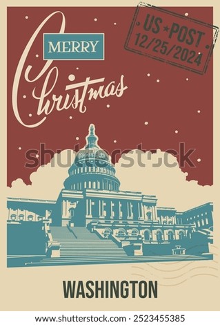 Merry Christmas Greeting Card Retro Style, Washington Landmark, Capitol Building, Snowfall. Vintage Postcard Style Illustration  