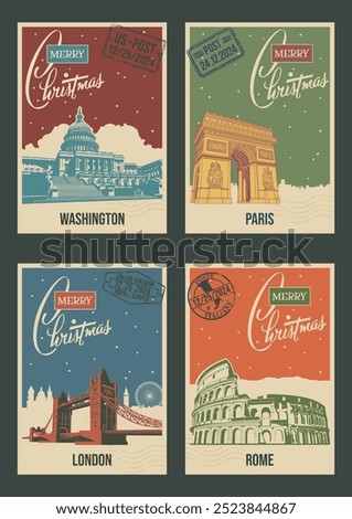 Merry Christmas Greeting Cards, Postcards Retro Style Set, Washington, Paris, London, Rome Most Famous Landmarks, Capitol Building, Triumphal Arch, Tower Bridge, Colosseum, Postal Imprints.