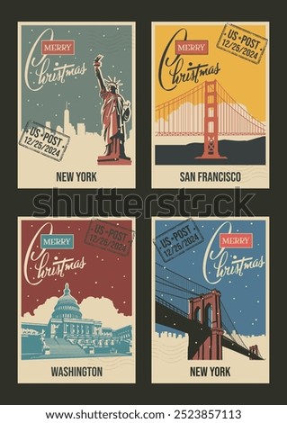 Most Famous USA Landmarks Retro Christmas Greeting Cards style Illustrations. New York, San Francisco, Washington. Statue of Liberty, Golden Gate, Capitol, Brooklyn Bridge Postcards Stylization  