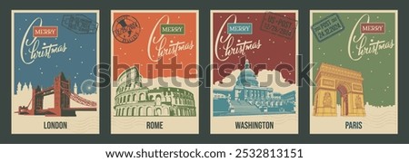 Merry Christmas Greeting Cards Retro Set, Washington, Paris, London, Rome Most Famous Landmarks, Capitol Building, Triumphal Arch, Tower Bridge, Colosseum, Postal Imprints. Vintage Postcard Style