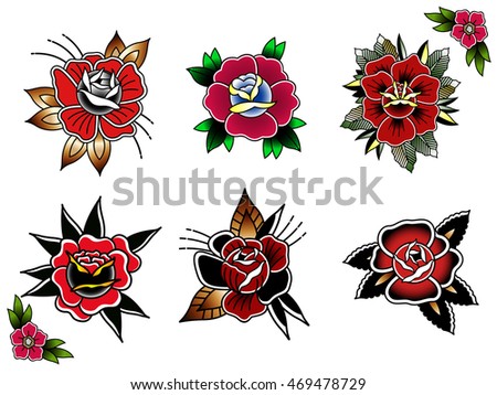 Traditional Tattoo Flowers Set Ink Tattooing Roses Stickers Collection ...