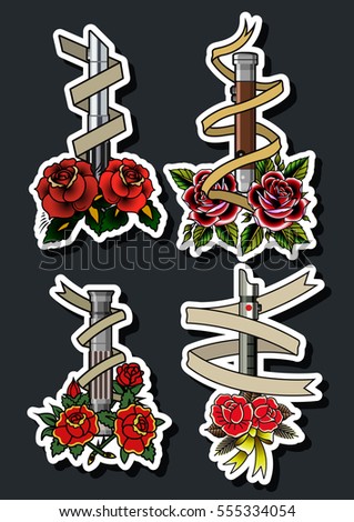 Vector Sword Hilts and Roses Composition Art Set Valentine's Day Bouquet 