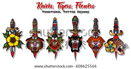 Vector Knives, Tigers, Flowers Set of Traditional Tattoo Designs