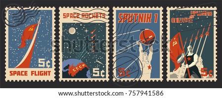 Stylization under the Retro Soviet Space Propaganda Postage Stamp