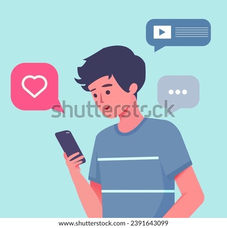 The guy looks at his mobile phone, absorbed in reading messages. Her face reflects concentration as she engages in the digital world, captivated by the content flashing across the screen.