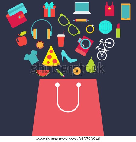 Shopping bag with purchase. Flat design vector background