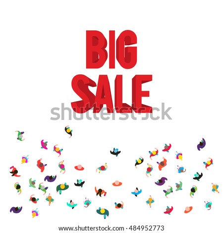 People run to an red 3D big sale. People top view isolated on white background. Big sale concept. Template for design, website or presentation.