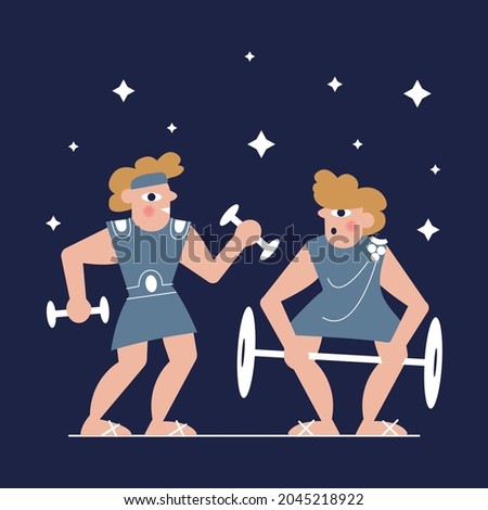 Illustration in a flat style. Two soldiers go in for sports. Two Romans train for the Olympics. Label or website design.