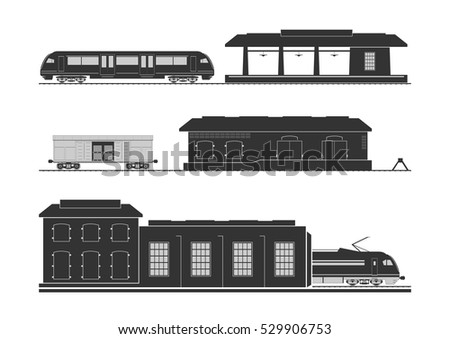 Rail infrastructure: railway station, goods shed and locomotive depot. Vector illustration.