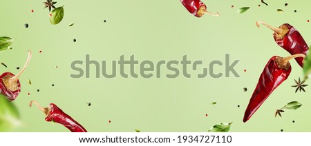 Food mockup with flying various types of spices, dry Bay leaf, red chili pepper, anise on green background with copy space. banner.
 Photo stock © 