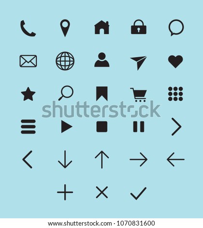Premium simple flat set of web, telecomunication, marketing icons, contains such icons as position, phone, arrow, menu, like, chat, pin, lock, on transparent background. Fully Editable, Pixel perfect 