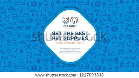 Pet shop banner template with logo badge and outline pattern in square form. Card flyer poster illustration with your text for veterinary clinic, zoo, petfood. Flat style vector illustration.
