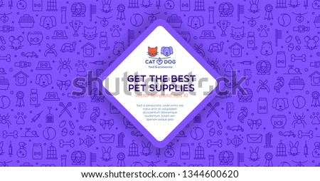 Banner template for pet shop, veterinary clinic, pet store, zoo, shelter. Card, flyer, banner, poster for advertisement. Flat style design, vector illustration with logo badge and outline pattern.