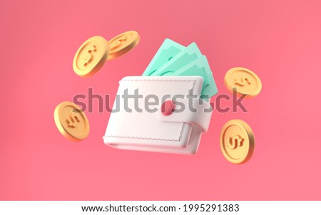 Bundle of cash wallet and floating coins. money-saving, cashless society concept. 3d render illustration. Bright pink background.