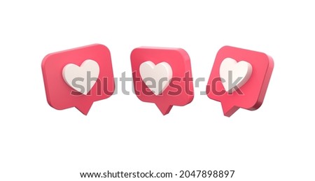 Social Media Heart icon on different angle, like icon, 3d icon, heart, online social communication applications concept, message, like notification isolated on white background. 3d rendering