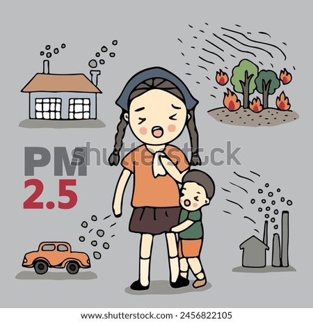 Girl and boy cough with dirty lung because PM2.5 air pollution.PM 2.5 Infographic. Hand drawn style vector illustration