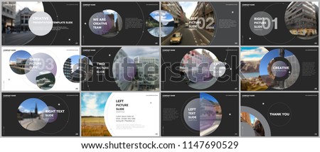 Minimal presentations design, portfolio vector templates with circle elements on black background. Multipurpose template for presentation slide, flyer leaflet, brochure cover, report, advertising.