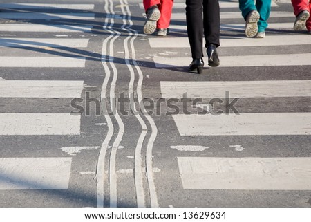Business woman and workers on the crosswalk with curved guiding line.