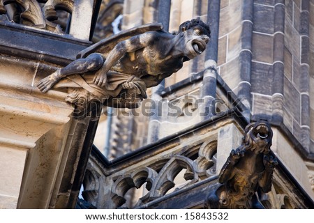 Details of decoration and gargoyle of gothic cathedral in Prague.