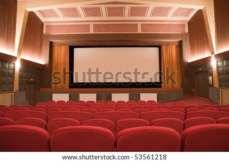 Empty retro cinema auditorium in cubism style with line of chairs and projection screen. Ready for adding your own picture.
