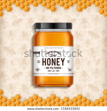 Wildflower honey glass jar illustration with honey bees and honeycomb background. Packaging design concept.