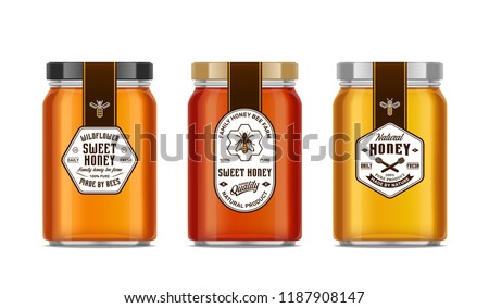 Honey glass jar mockups with labels and bees isolated on white. Honey packaging design concept. Food labels design.