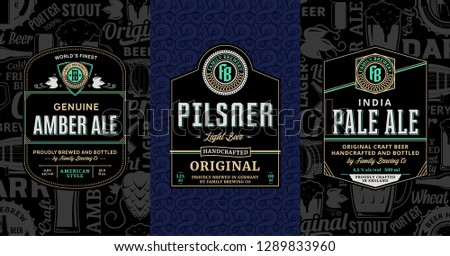 Vector vintage beer labels and packaging design templates. Pale ale, pilsner and amber ale labels. Brewing company branding and identity design elements.