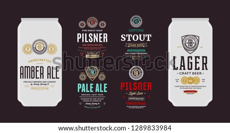 Beer labels and can mockup templates. Pale ale, pilsner, lager, stout and amber ale labels. Brewing company branding and identity design elements.