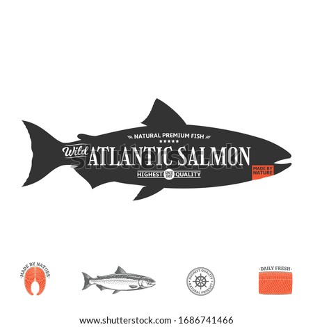 Vector Atlantic salmon label isolated on a white background. Salmon raw steak, fillet and fish illustration