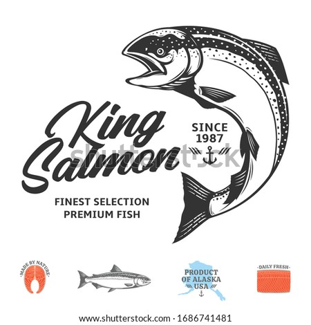 Vector king salmon logo isolated on a white background. Salmon raw steak, fillet and fish illustration