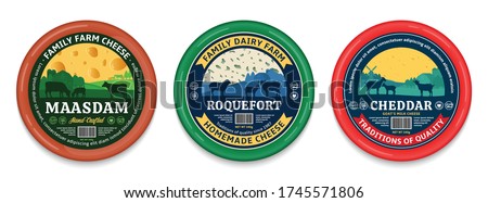 Vector cheese round labels and packaging design elements. Different types of cheese detailed patterns. Dairy farm illustrations with cows, sheep and goats