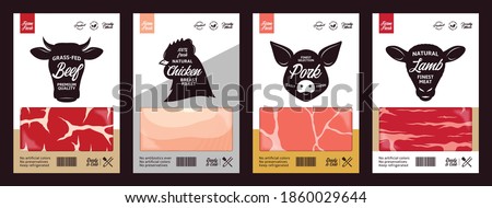 Vector butchery labels with farm animal faces. Cow, chicken, pig and sheep icons and meat textures for groceries, meat stores, packaging and advertising