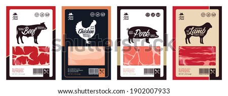 Vector butchery labels with farm animal silhouettes. Cow, chicken, pig and sheep icons and meat textures for groceries, meat stores, packaging and advertising