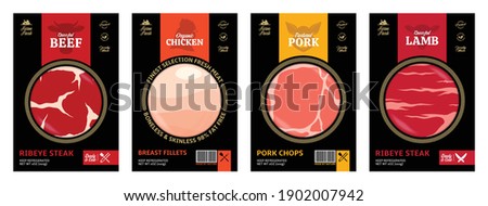 Vector butchery labels with farm animal faces. Cow, chicken, pig and sheep icons. Meat textures