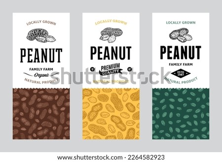 Peanut labels in modern style. Vector peanut illustrations and patterns