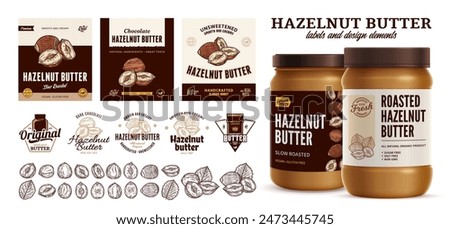 Vector hazelnut butter labels. Hazelnut butter branding and identity icons, badges, insignia and design elements. Realistic glass jar mockup