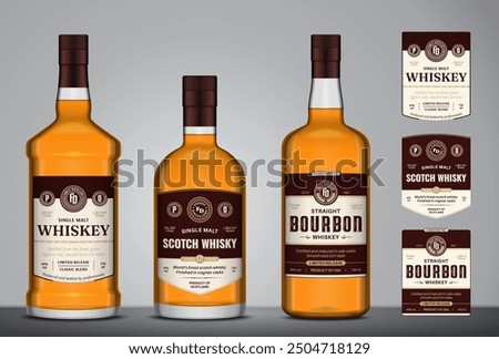 Whiskey, bourbon and scotch whisky labels and glass bottle mockups