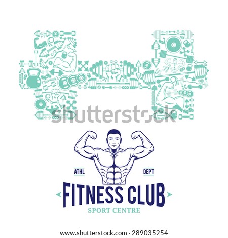 Fitness gym label, sport equipment icons, sport equipment pattern.