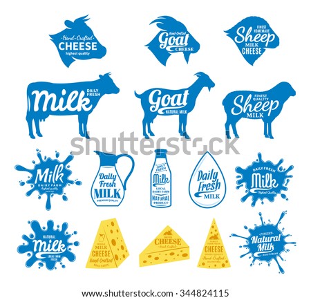 Vector cheese and milk logos. Dairy products, farm animals icons and milk splashes with sample text. Cheese and milk icons collection for groceries, agriculture stores, packaging and advertising.
