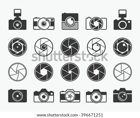 Camera shutter, lenses and photo camera icons set 商業照片 © 