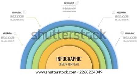 Semicircular infographic template, element with 5 layer, step, process, option, colorful on half circle, dart, dartboard, target, icons, 3D rainbow, paper cut, origami, flat, minimal style, sale slide