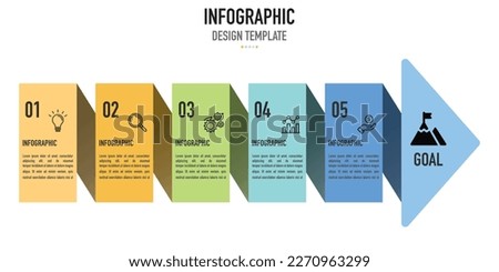 Arrow horizontal infographic template or element as a vector for business slide or presentation, including 5 step, process to goal, on white background, colorful rectangle and icons, modern, minimal